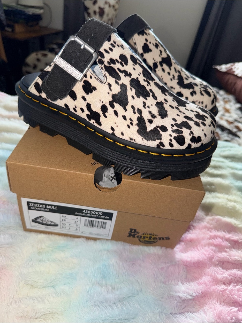 Dr. Martens Zebzag Mule in Black and White Dalmatian Cow Print
